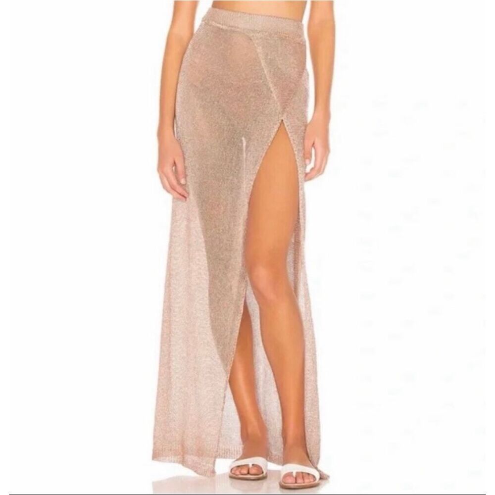 NWT Superdown Maxi Skirt Womens Small Rose Gold Copper Knit Metallic Slit sheer